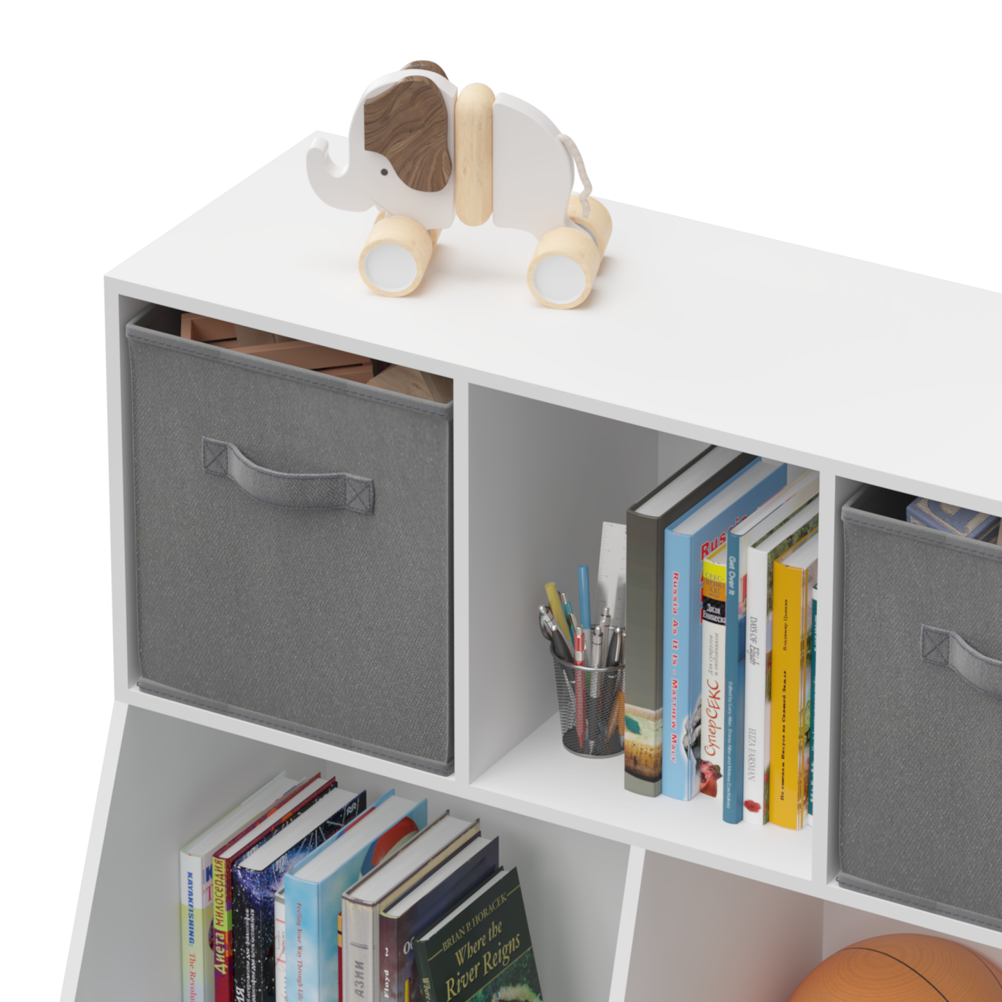 Kids Bookcase with Collapsible Fabric Drawers Children's Toy Storage Cabinet for Playroom White/Gray