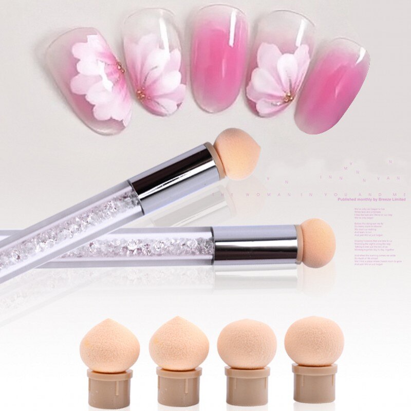 1x Nail Art Gradient Brush Pen Painting Drawing Pen With 4 Replace Sponge Heads Double End Rhinestone Handle Manicure Tool NB14#