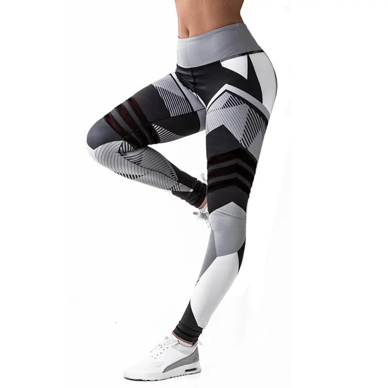 Yoga pants leggings by eprolo, geometric black-gray-white pattern, high-waist plus-size running tights