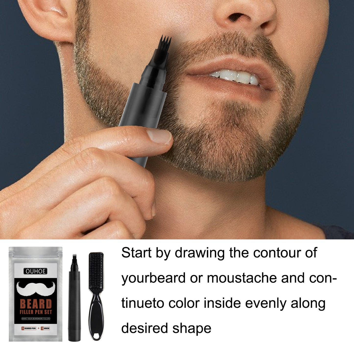 OUHOE Beard Filler Pen, Black Beard Forked Four Natural Waterproof Filling Brush Set