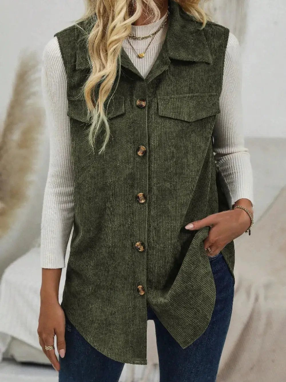 Women's corduroy lapel sleeveless vest shirt jacket by eprolo