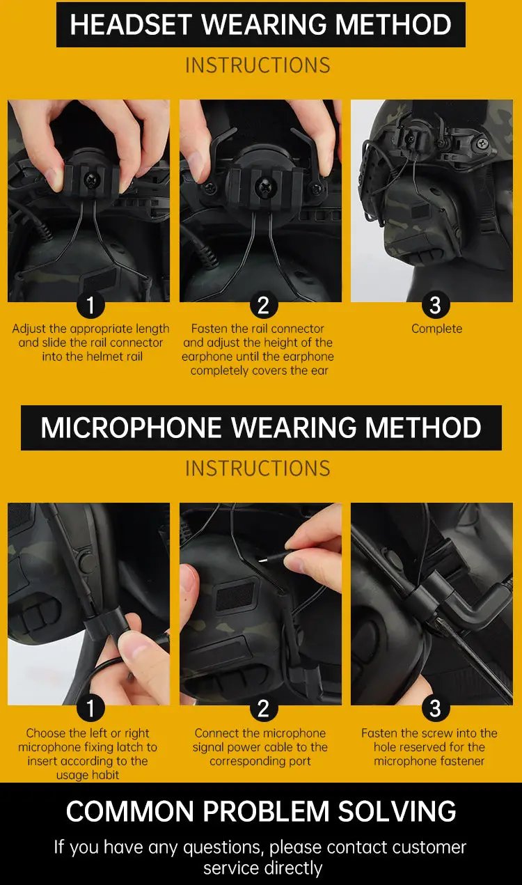 eprolo Tactical Mobile Phone Headset with camouflage design, illustrating headset and microphone wearing instructions