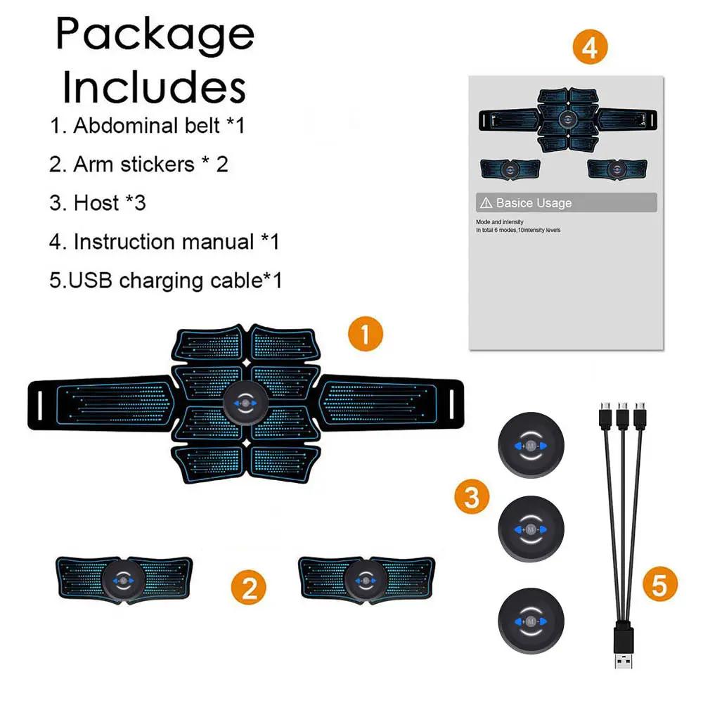 eprolo EMS abdominal belt with blue gel pads and central controller, plus host, arm stickers, manual and USB cable