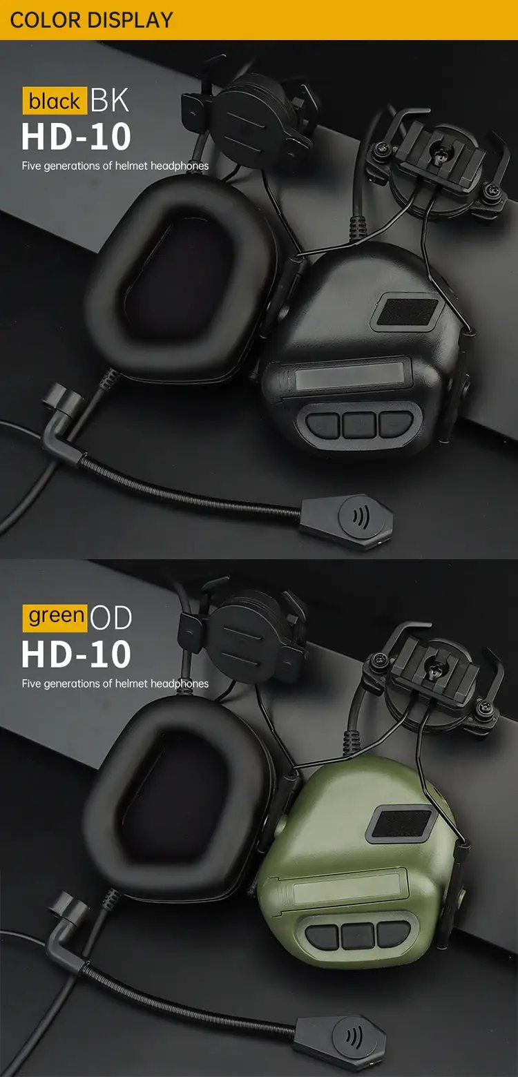 Tactical Mobile Phone Headset by eprolo in black and green; two-color HD-10 helmet headsets with PTT mic
