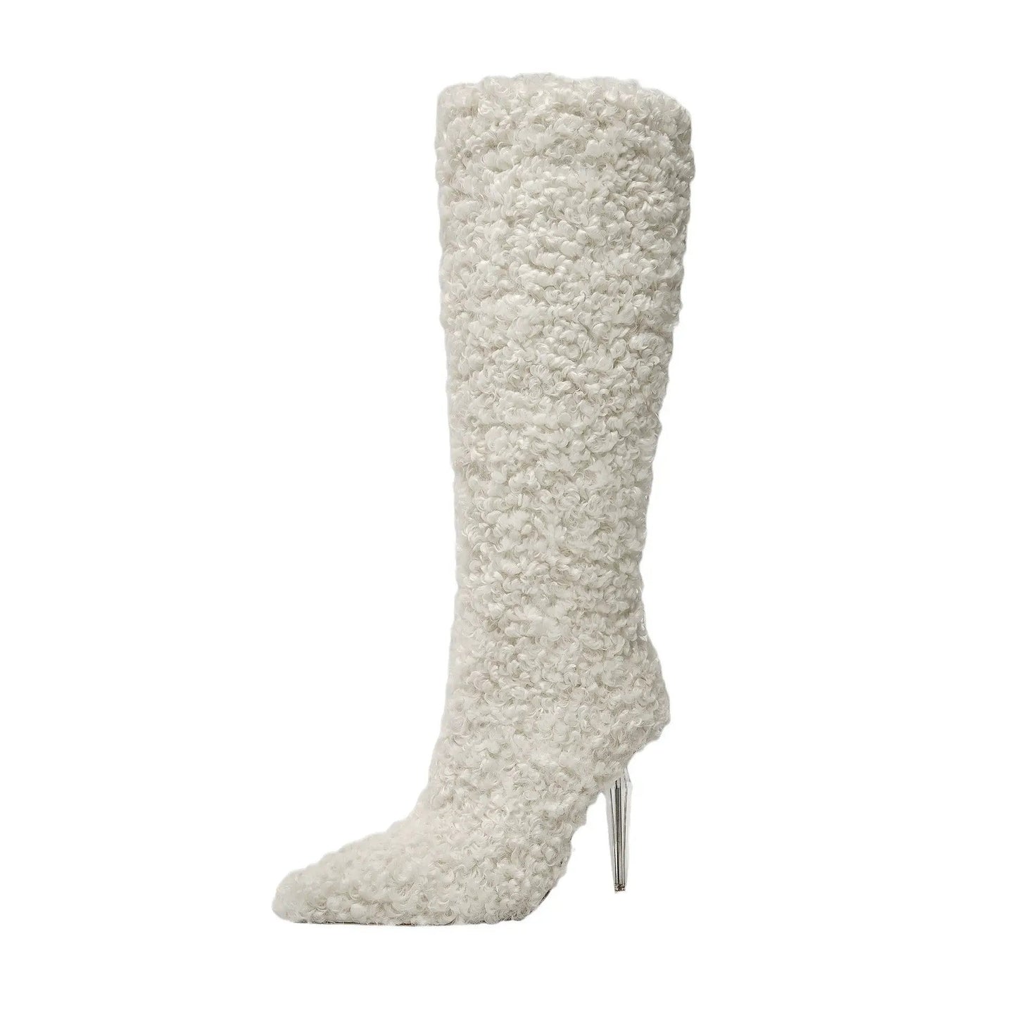 eprolo white boucle knee-high boot with pointed toe and clear heel
