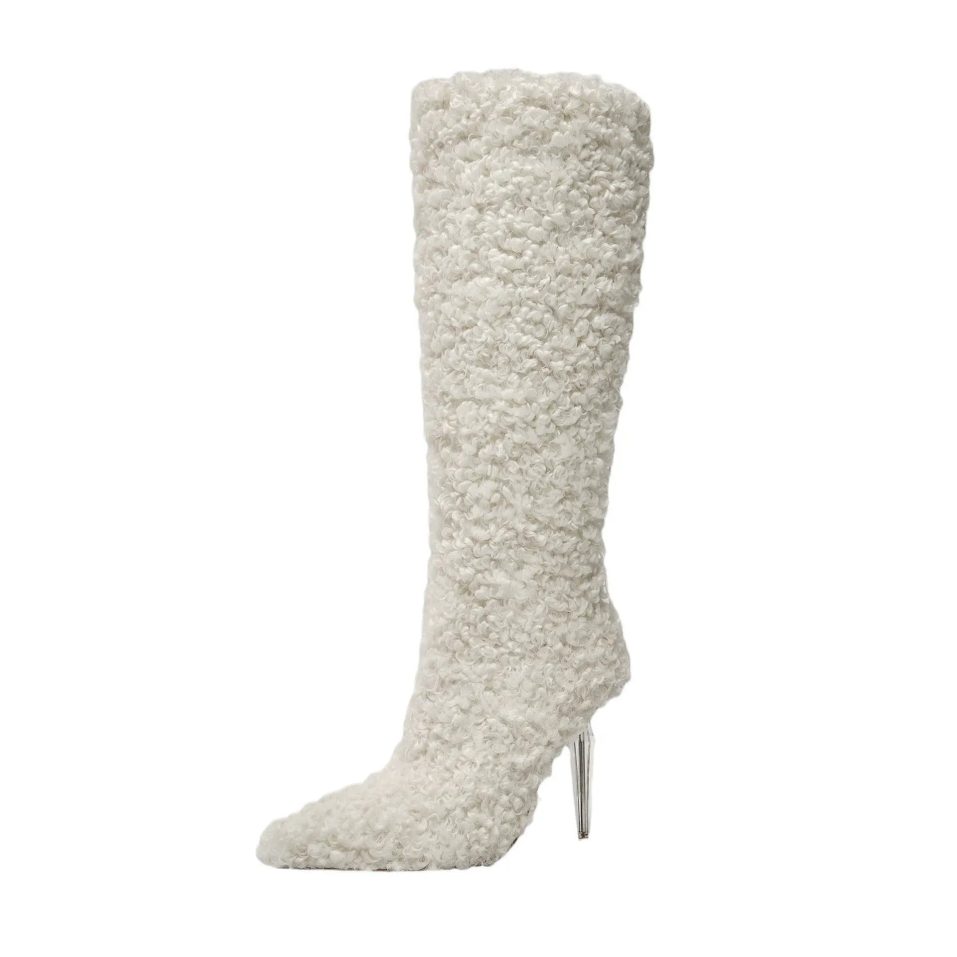 eprolo white boucle knee-high boot with pointed toe and clear heel