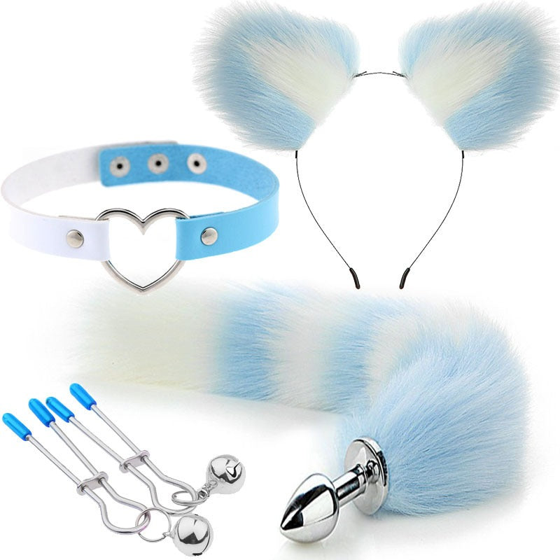 Erotic Ear Hairpin Posterior Anal Plugs Female Apparatus Sex Toys SM Metal Erotic Set Fox Tail 4 Pcs Set