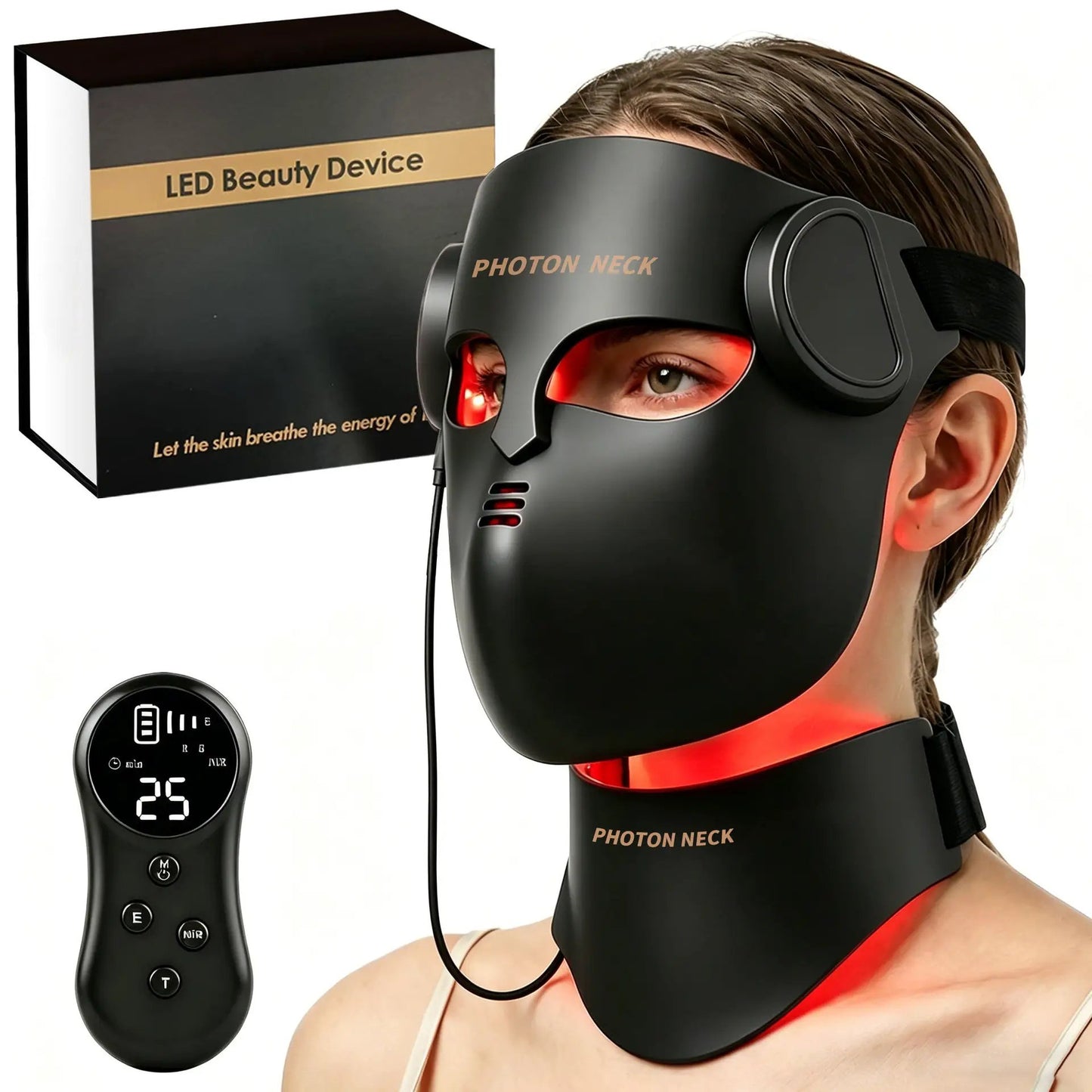 eprolo Photon Neck LED beauty device with wireless remote and black silicone mask