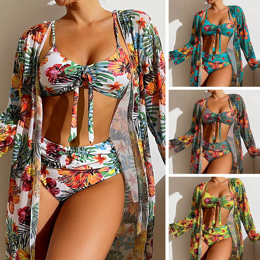 Long top split three piece printed swimsuit women's bikini