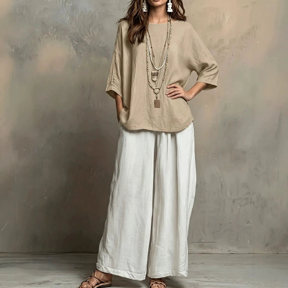 Bohemian style 2-piece loose outfit set for women by eprolo; beige tunic with white wide-leg pants.