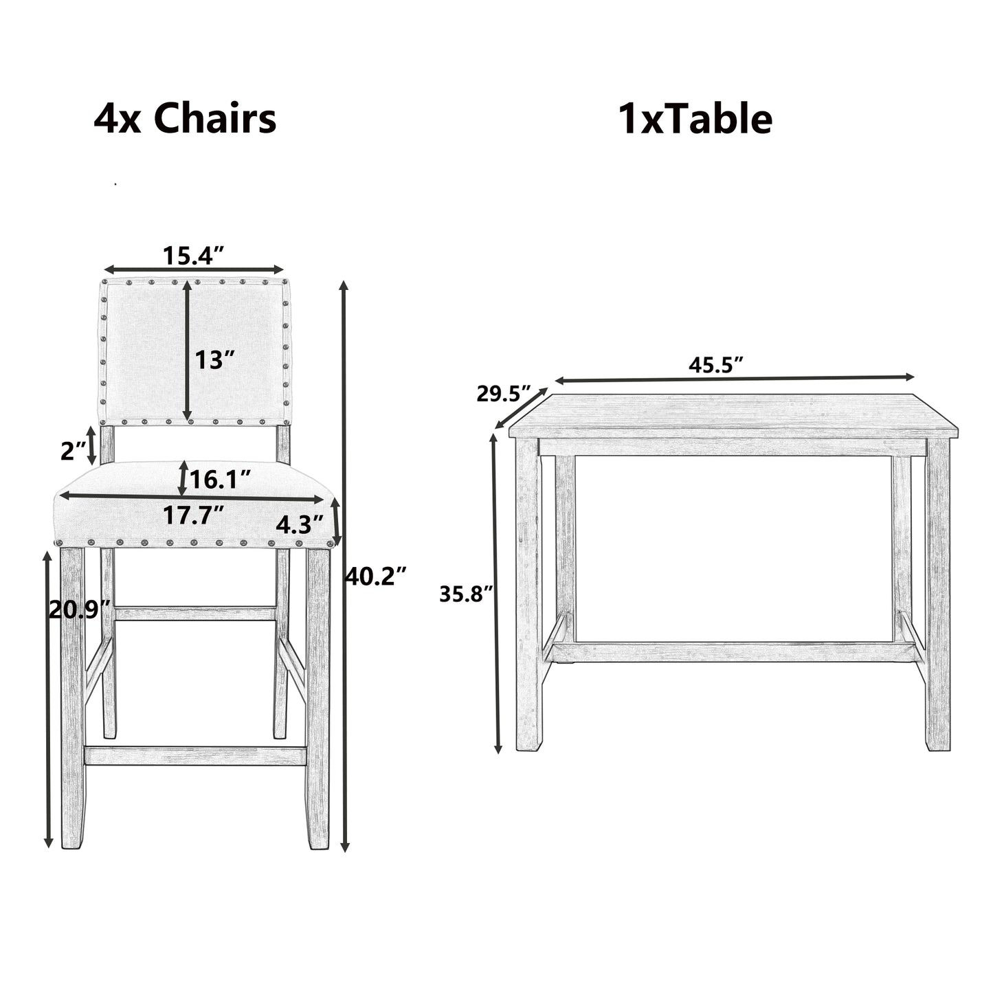 TOPMAX 5 Piece Rustic Wooden Counter Height Dining Table Set with 4 Upholstered Chairs for Small Places Espresso+ Beige