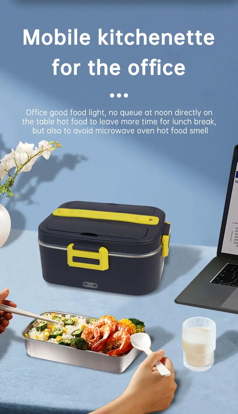 eprolo portable heated lunch box in black with yellow latches; metal inner tray with shrimp and vegetables