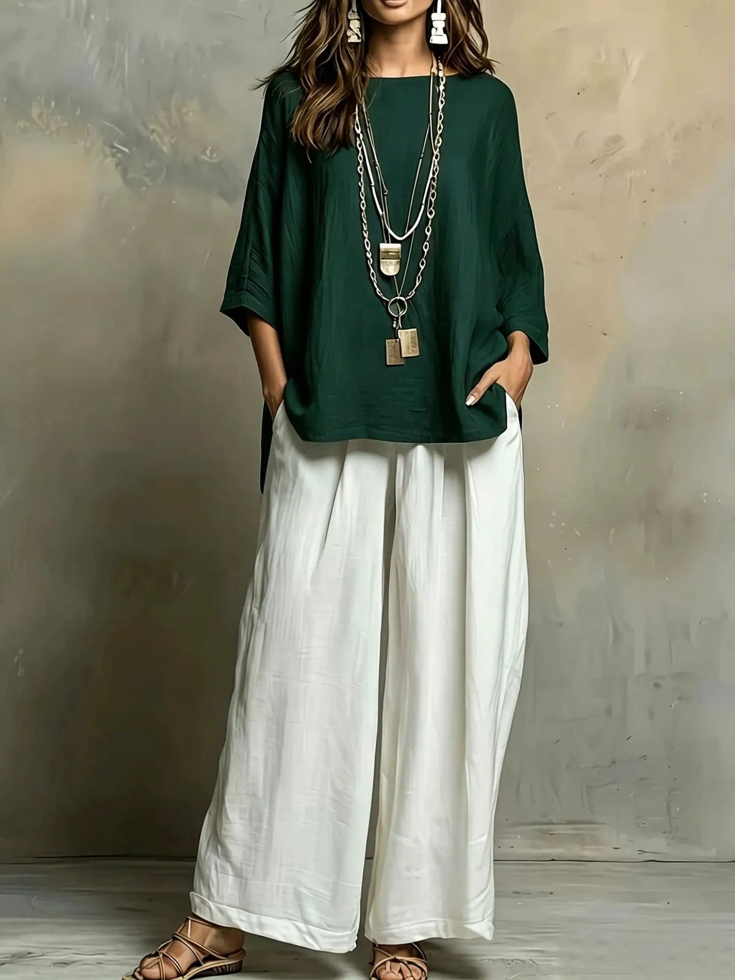 Bohemian style loose elegant set for women, emerald green top with white wide-leg pants and layered necklaces