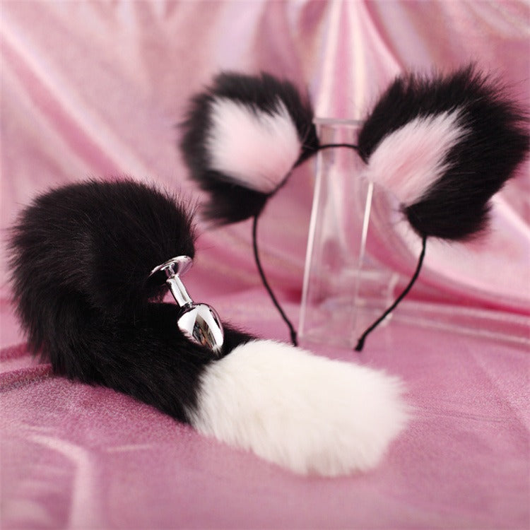 40cm black tailed white pointed bicolor fun plush hair clip with ear role-playing metal anal plug expansion