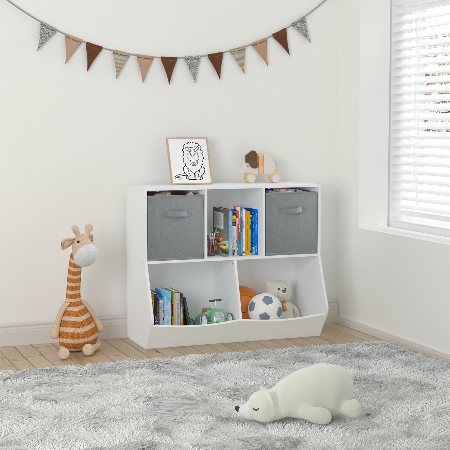 Kids Bookcase with Collapsible Fabric Drawers Children's Toy Storage Cabinet for Playroom White/Gray