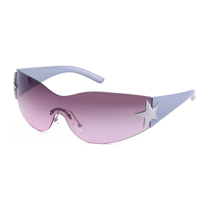 Sunglasses, rimless with purple gradient lenses, lavender arms, star accent on temple.