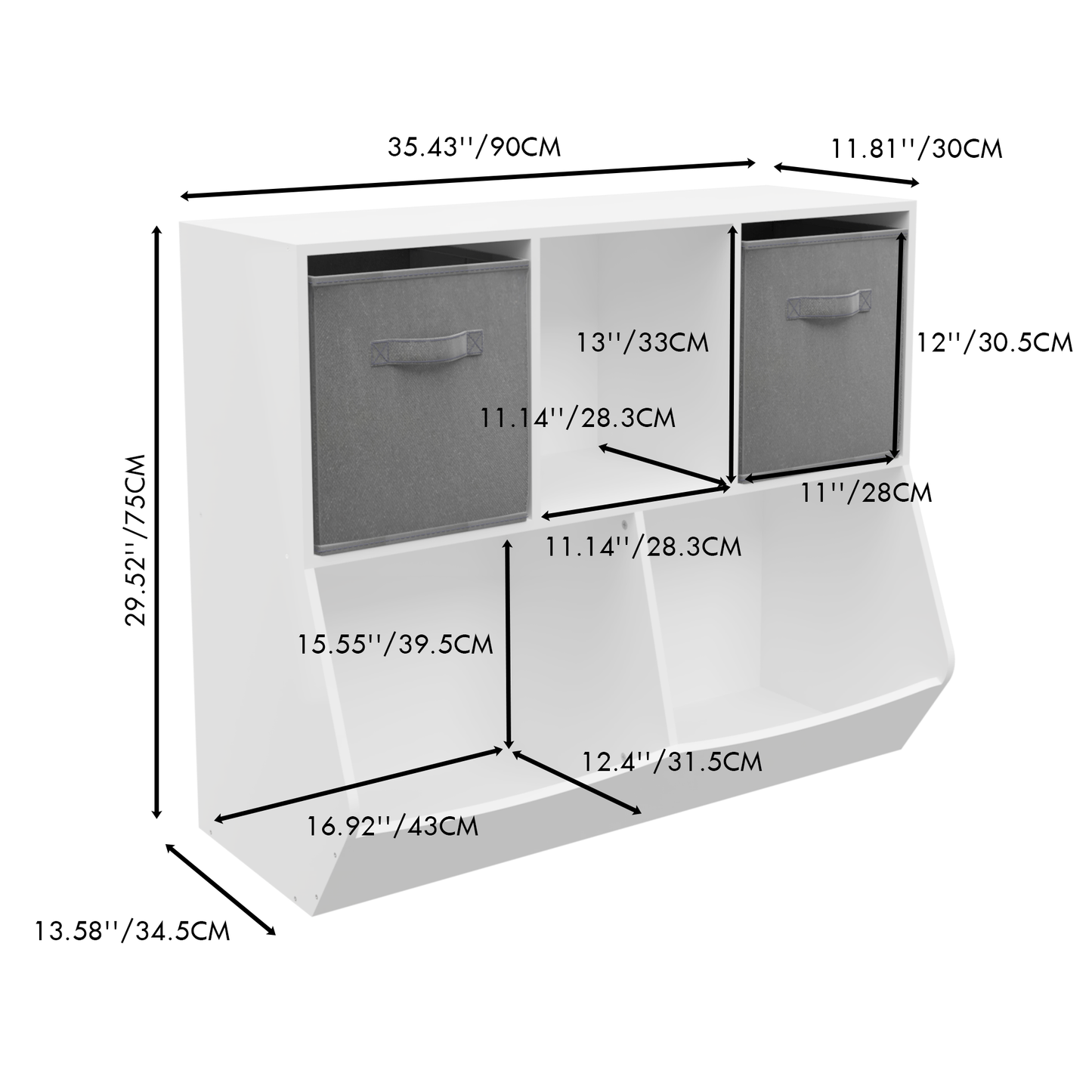 Kids Bookcase with Collapsible Fabric Drawers Children's Toy Storage Cabinet for Playroom White/Gray