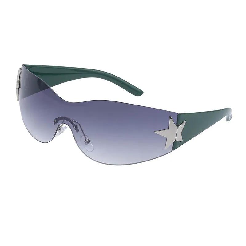 Rimless shield sunglasses with gradient purple-to-grey lenses, green temples, and silver star accent.