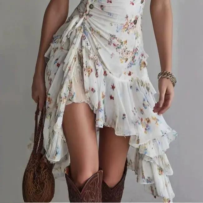 Elegant women's chiffon floral-print strap V-neck ruffled dress by eprolo