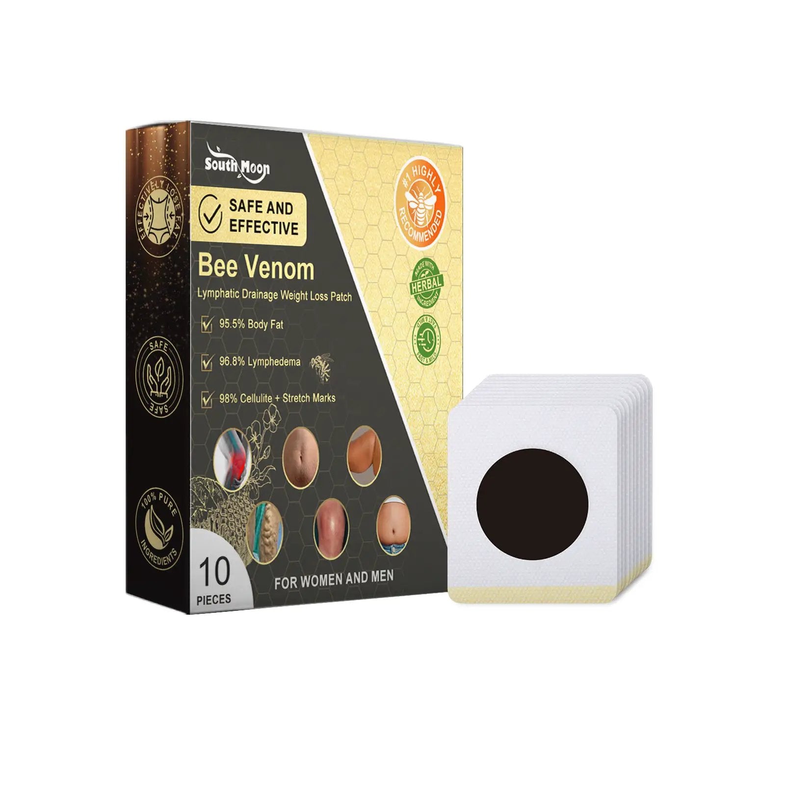 Bee Venom Lymphatic Drainage Weight Loss Patch by eprolo; 10 white patches with black centers in a black and gold box.