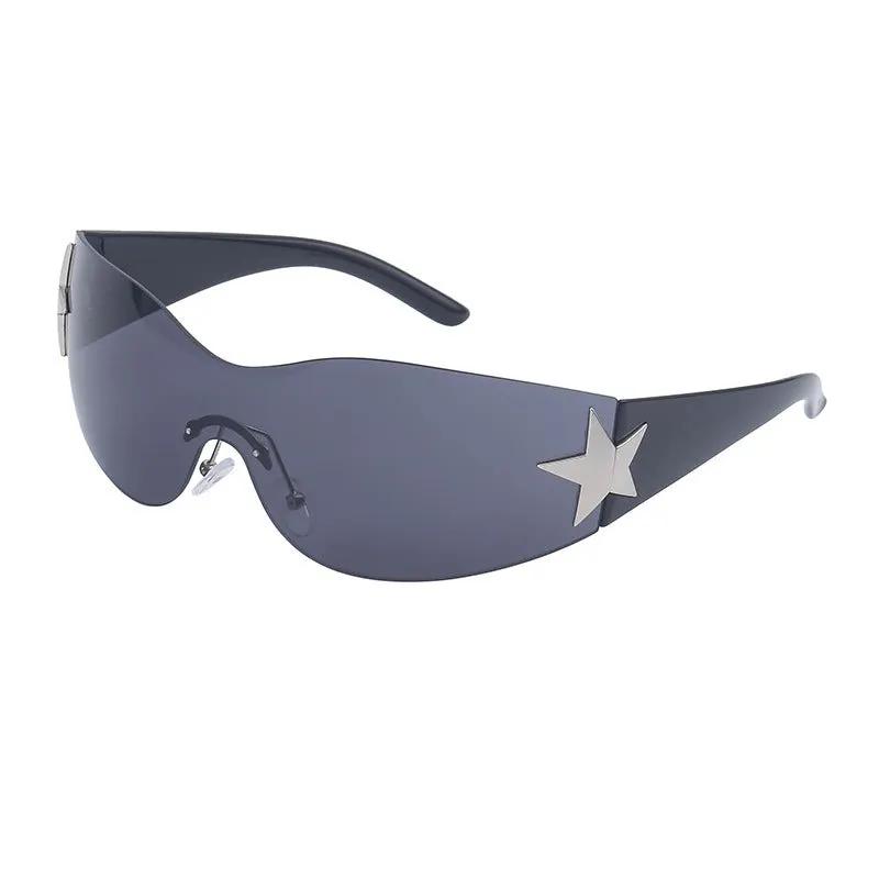 Rimless shield sunglasses with dark blue lenses and silver star on the temple.