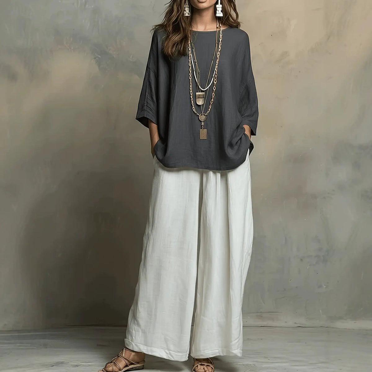 Bohemian style loose elegant set for women by eprolo; gray top with white wide-leg pants and layered necklaces