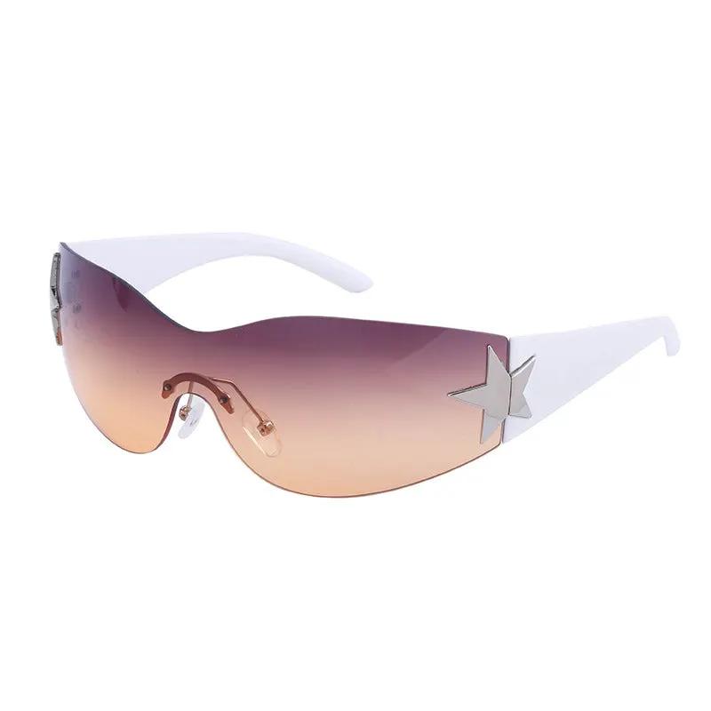 Retro rimless sunglasses with purple-to-peach gradient lenses, white temples and silver star accent.