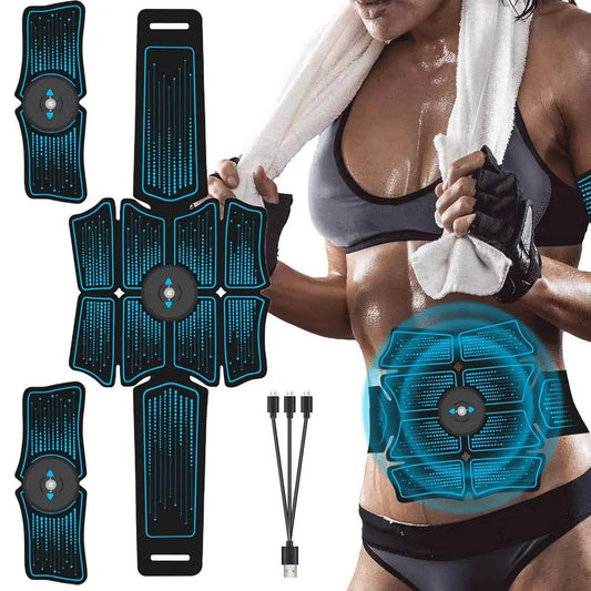 EMS Abdominal Belt by eprolo with blue patterned electrode pad set and USB cables