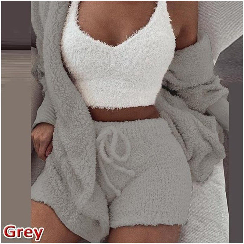 Women's clothing, winter plush home wear, casual 3Pcs pajamas long sleeved shorts sports set