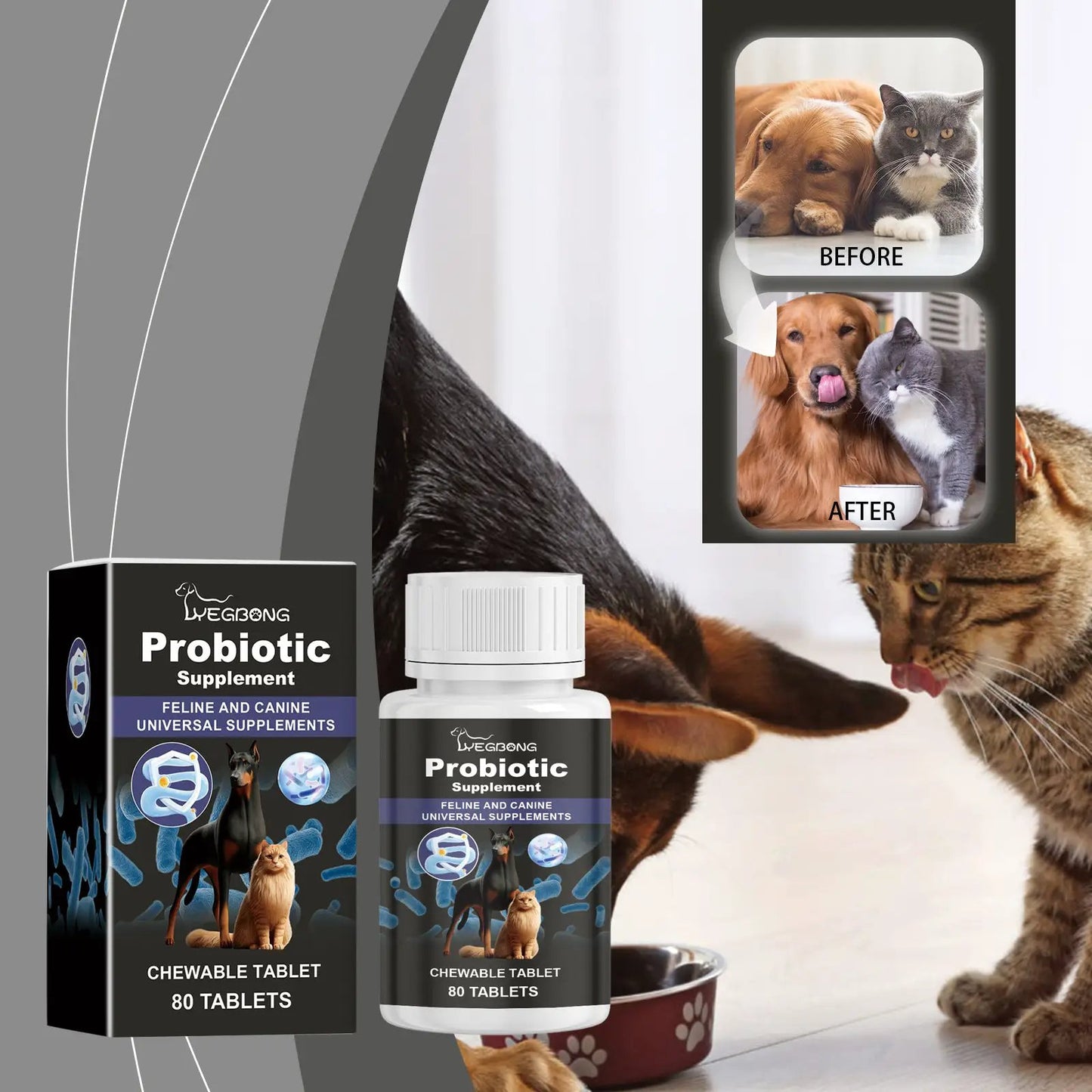 eprolo Cats and Dogs General Compound Probiotic Tablets - chewable pet supplement for dogs and cats, 80 tablets