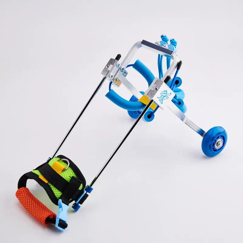 Dog wheelchair by eprolo with aluminum frame and blue wheels, adjustable harness and straps.