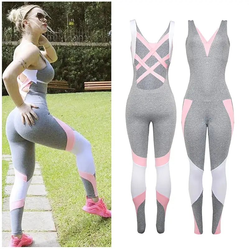 Yoga set by eprolo: grey-pink crossover back top with cutout and color-block leggings, 2-piece fitness set.
