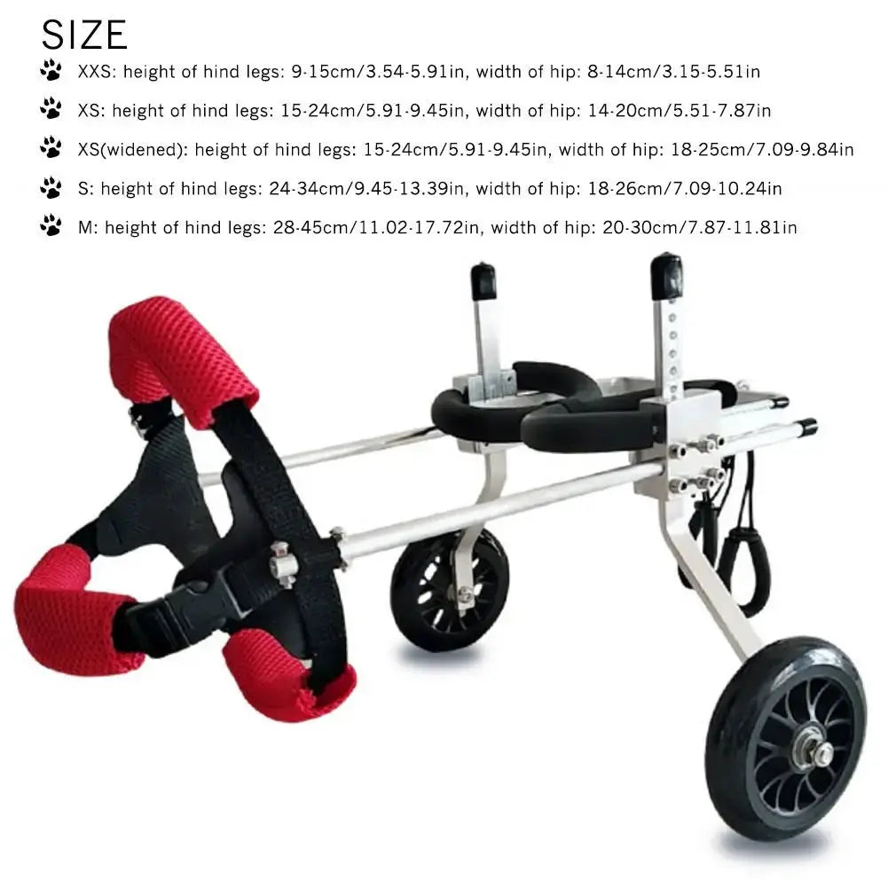 Pet dog wheelchair with 2 rear wheels, adjustable aluminum frame and red padded leg cuffs