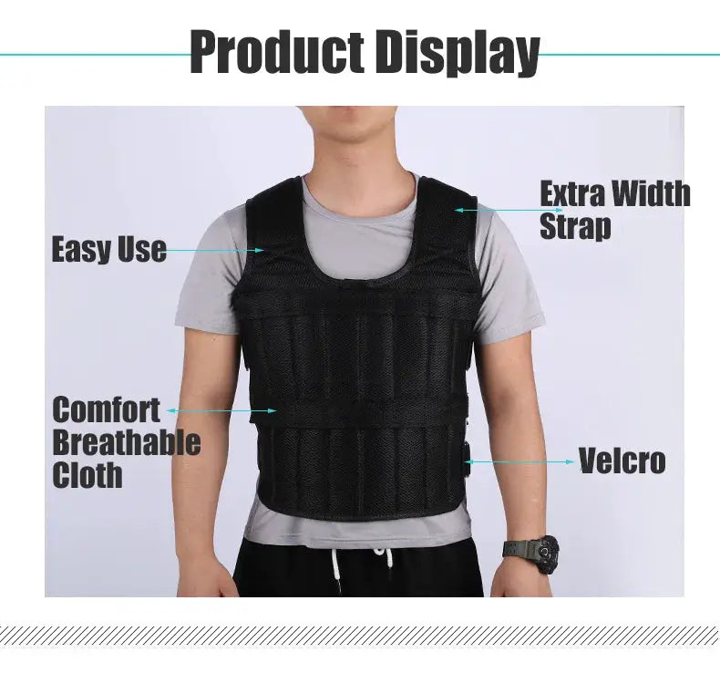 eprolo 30kg loading weight vest for boxing training, black with extra-wide straps and Velcro closure.