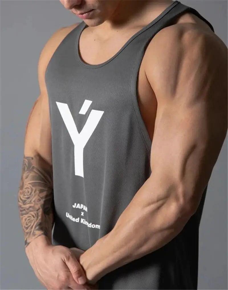 Gray men's bodybuilding stringer tank top with large white Y graphic