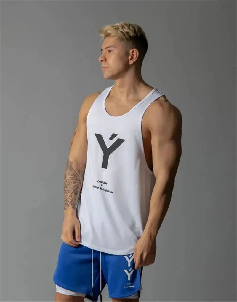 White men's bodybuilding stringer tank top and blue shorts with large Y logos