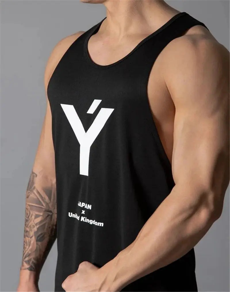 Men's black summer tank top for bodybuilding with white Y logo