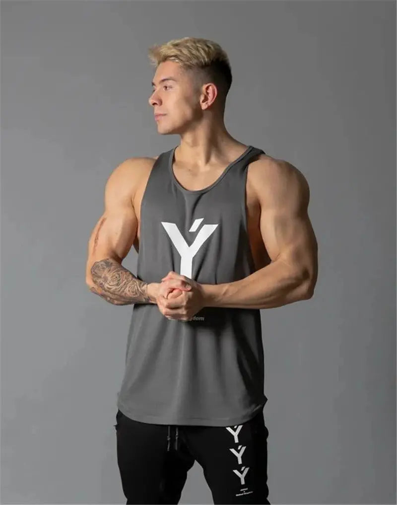eprolo gray bodybuilding stringer tank top for men with white Y logo, sleeveless fitness vest