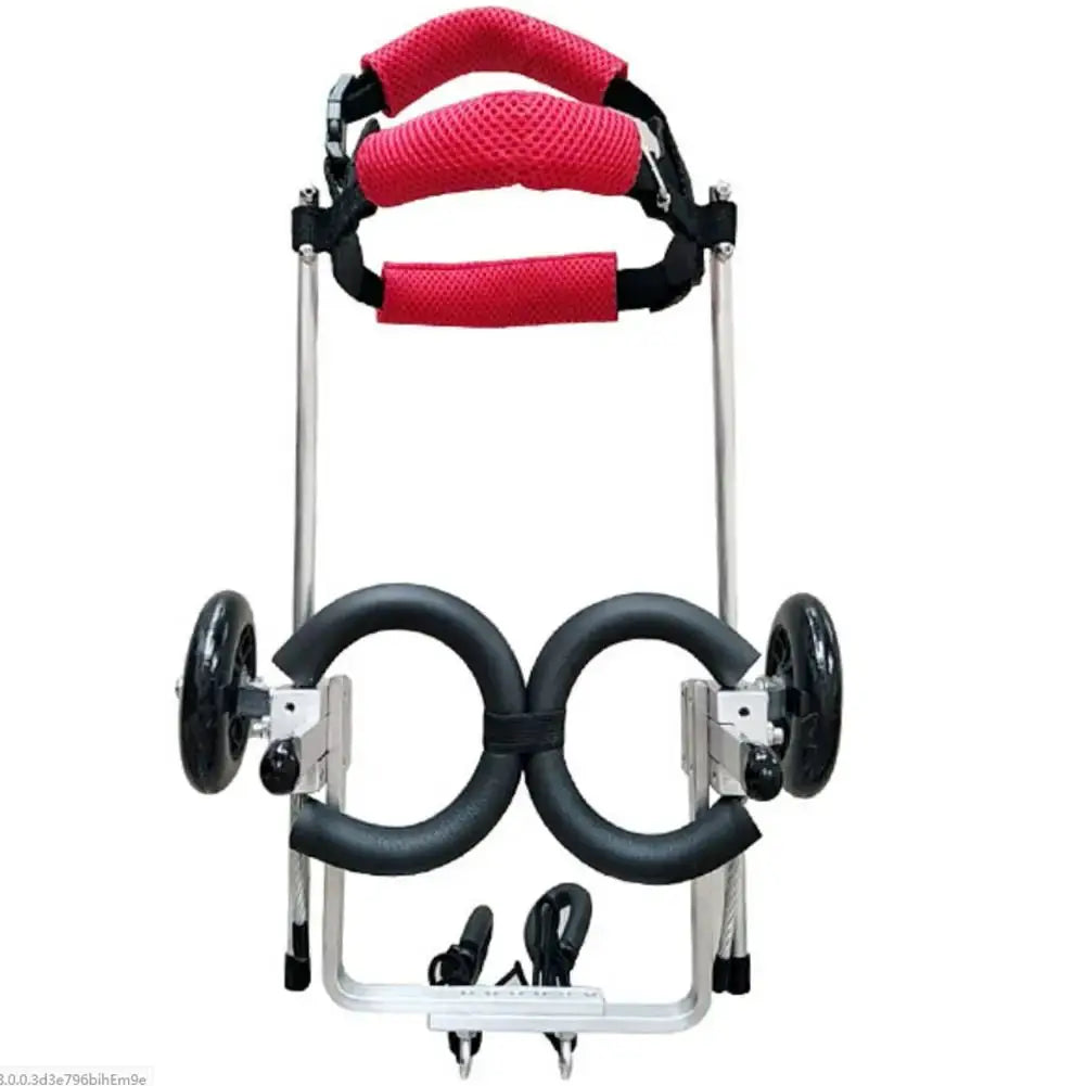 Dog wheelchair with two rear wheels, padded red handle grips, and stainless steel frame