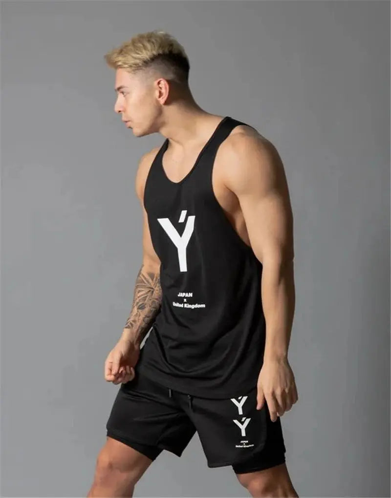 Bodybuilding stringer tank top for men, black sleeveless mesh vest with large white Y graphic
