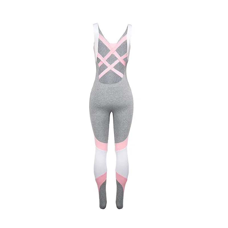 Women’s yoga jumpsuit by eprolo with pink back crisscross straps on grey fabric