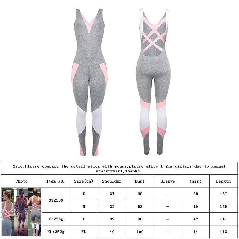 Gym yoga jumpsuit from eprolo in gray with pink accents, front and back views
