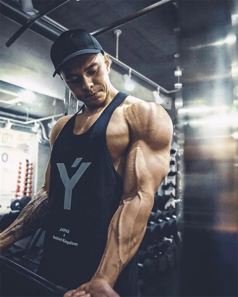 Summer Tank Top bodybuilding stringer, black sleeveless gym undershirt with large gray Y logo.