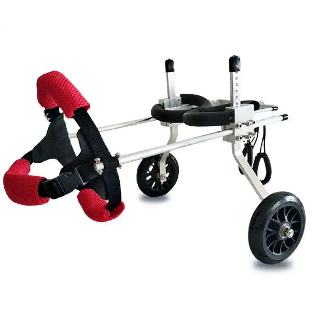 Dog wheelchair by eprolo, 2-wheel rear cart with red padded leg cuffs and aluminum frame.