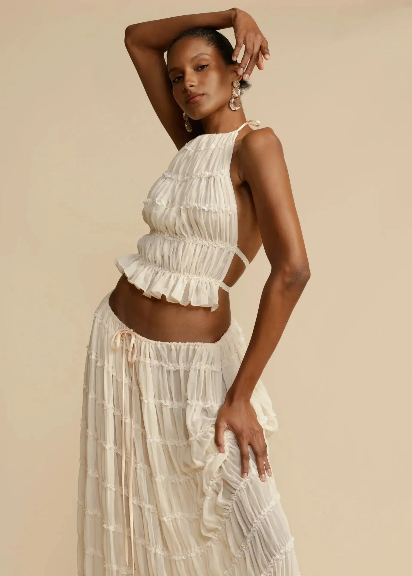 Summer Backless Ruched White Dress Set