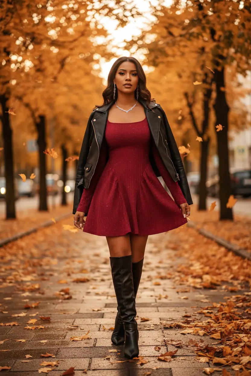 Long Sleeve Square Neck Dress in burgundy; styled with a black leather jacket and knee-high boots.