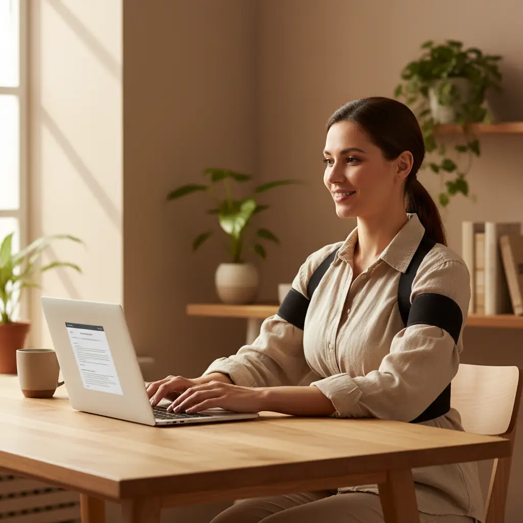 Back Posture Corrector Support Strap in black worn by a woman at a desk for posture support, Oz-Direct.com.