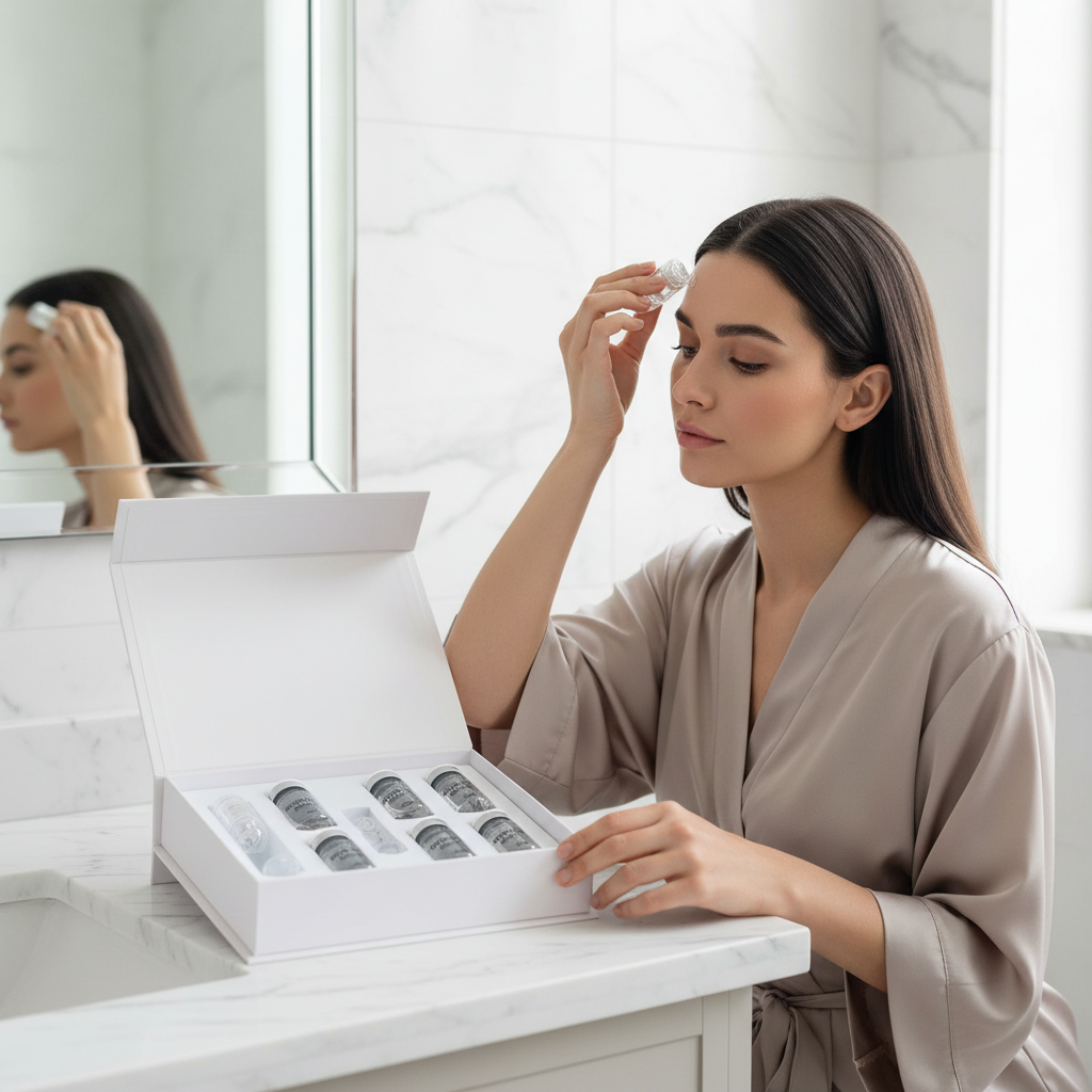 Hair Regrowth Microneedle Serum Kit in a white box with clear vials; woman applying serum to scalp in a bathroom.