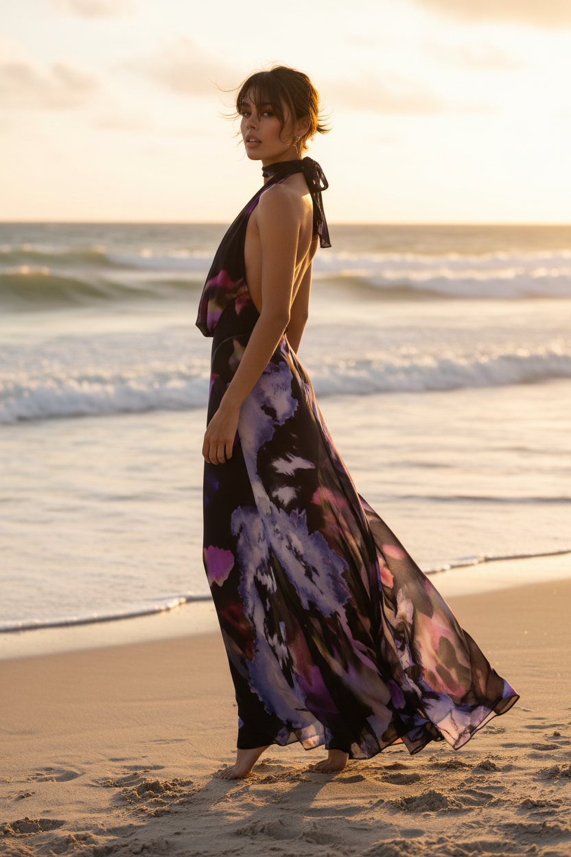 Women's Abstract Print Halter Neck Backless Maxi Dress by Oz-Direct.com