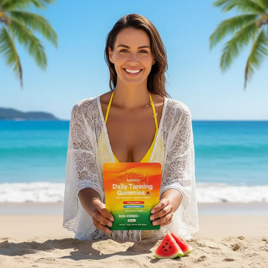 Sun Tanning Gummies – Natural Tan From Within (60 tablets); beachgoer holds a Sun-Kissed self-tanner pouch.